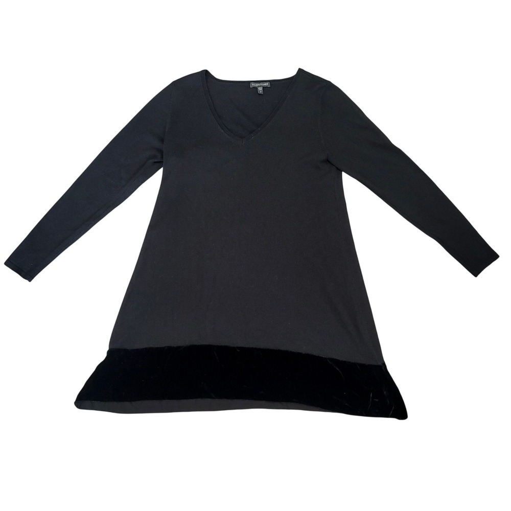 Eileen Fisher Womens Black Merino Wool Velvet Silk Trim V-Neck Sweater‎ Dress XS